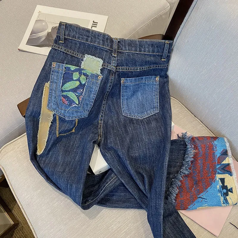 High Waist Contrast Printed Denim Trousers Women Spring 2022