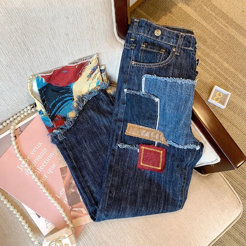 High Waist Contrast Printed Denim Trousers Women Spring 2022