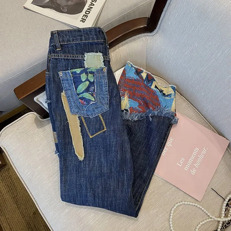 High Waist Contrast Printed Denim Trousers Women Spring 2022