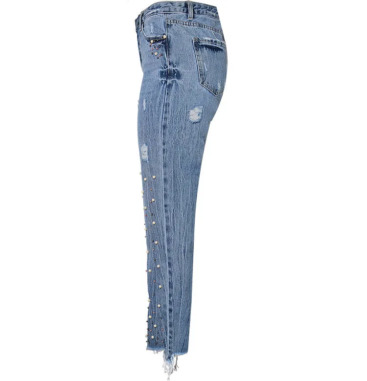 High Waist Slim Pearl Nail Irregular Tassel Hole Denim Trousers