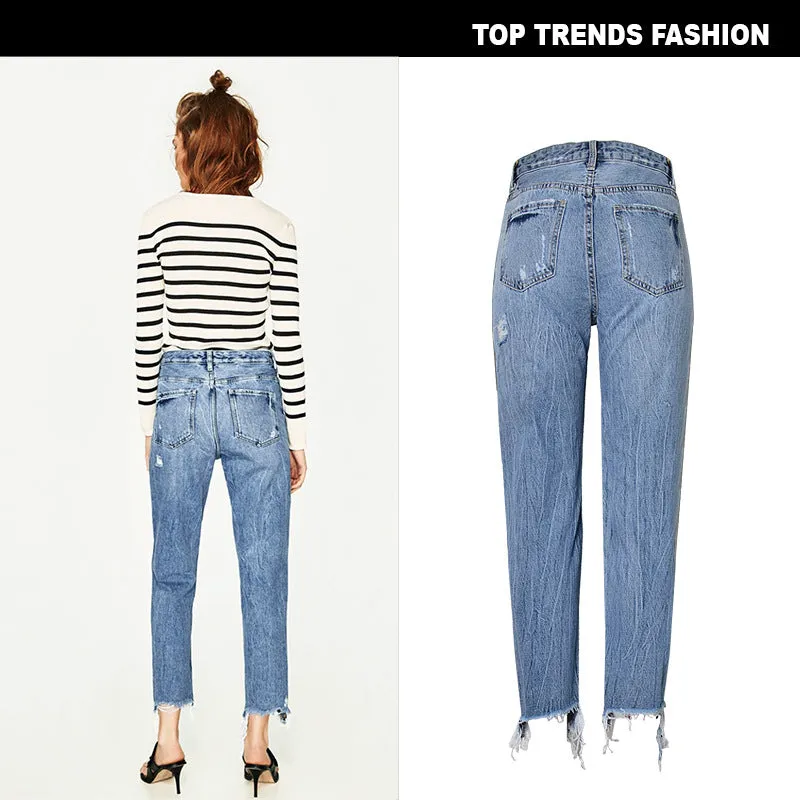 High Waist Slim Pearl Nail Irregular Tassel Hole Denim Trousers