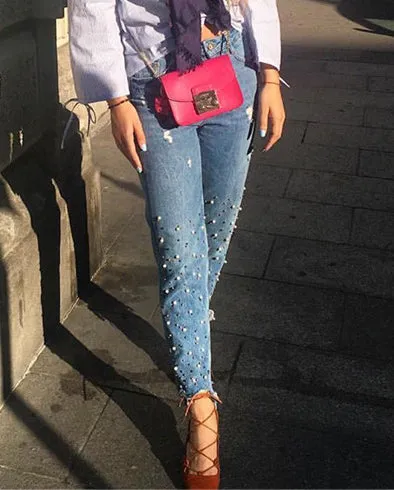 High Waist Slim Pearl Nail Irregular Tassel Hole Denim Trousers