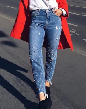 High Waist Slim Pearl Nail Irregular Tassel Hole Denim Trousers