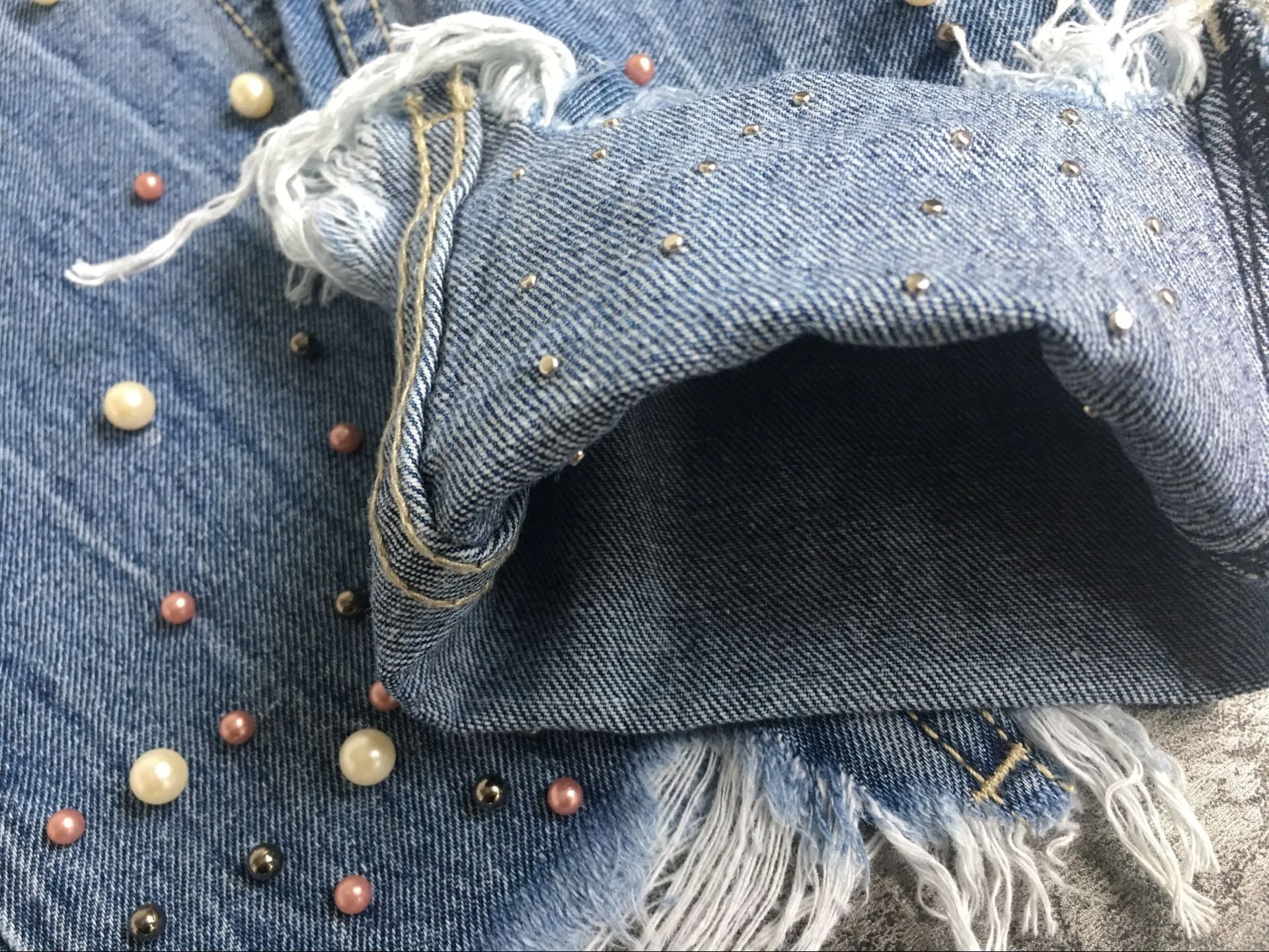 High Waist Slim Pearl Nail Irregular Tassel Hole Denim Trousers
