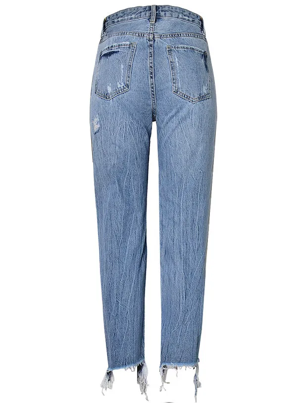High Waist Slim Pearl Nail Irregular Tassel Hole Denim Trousers