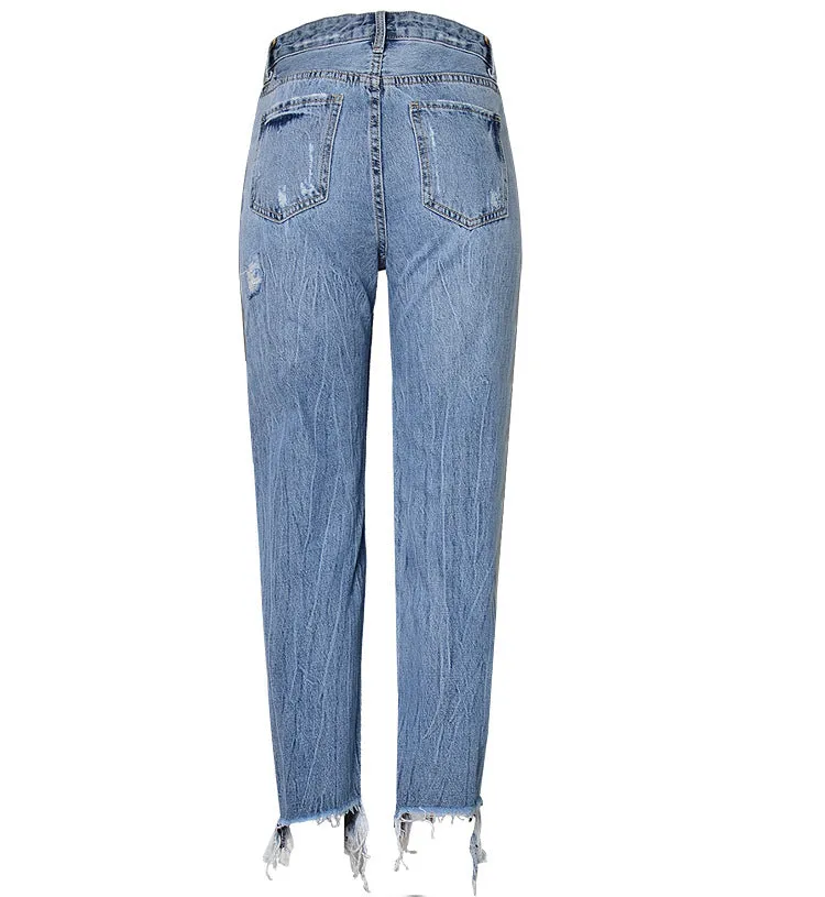 High Waist Slim Pearl Nail Irregular Tassel Hole Denim Trousers