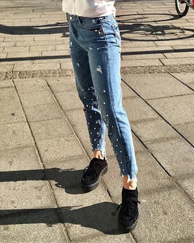 High Waist Slim Pearl Nail Irregular Tassel Hole Denim Trousers