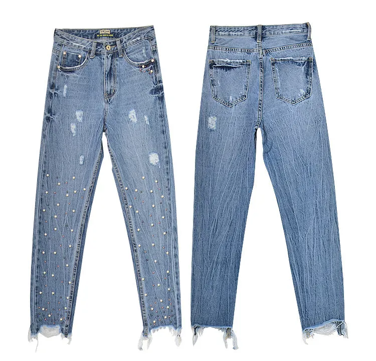 High Waist Slim Pearl Nail Irregular Tassel Hole Denim Trousers