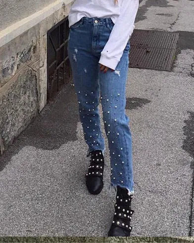 High Waist Slim Pearl Nail Irregular Tassel Hole Denim Trousers