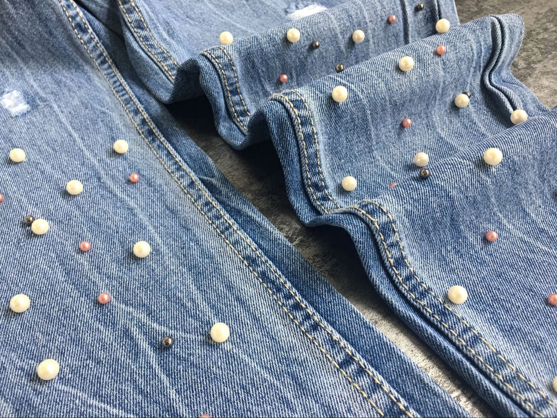 High Waist Slim Pearl Nail Irregular Tassel Hole Denim Trousers