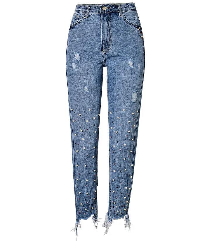 High Waist Slim Pearl Nail Irregular Tassel Hole Denim Trousers