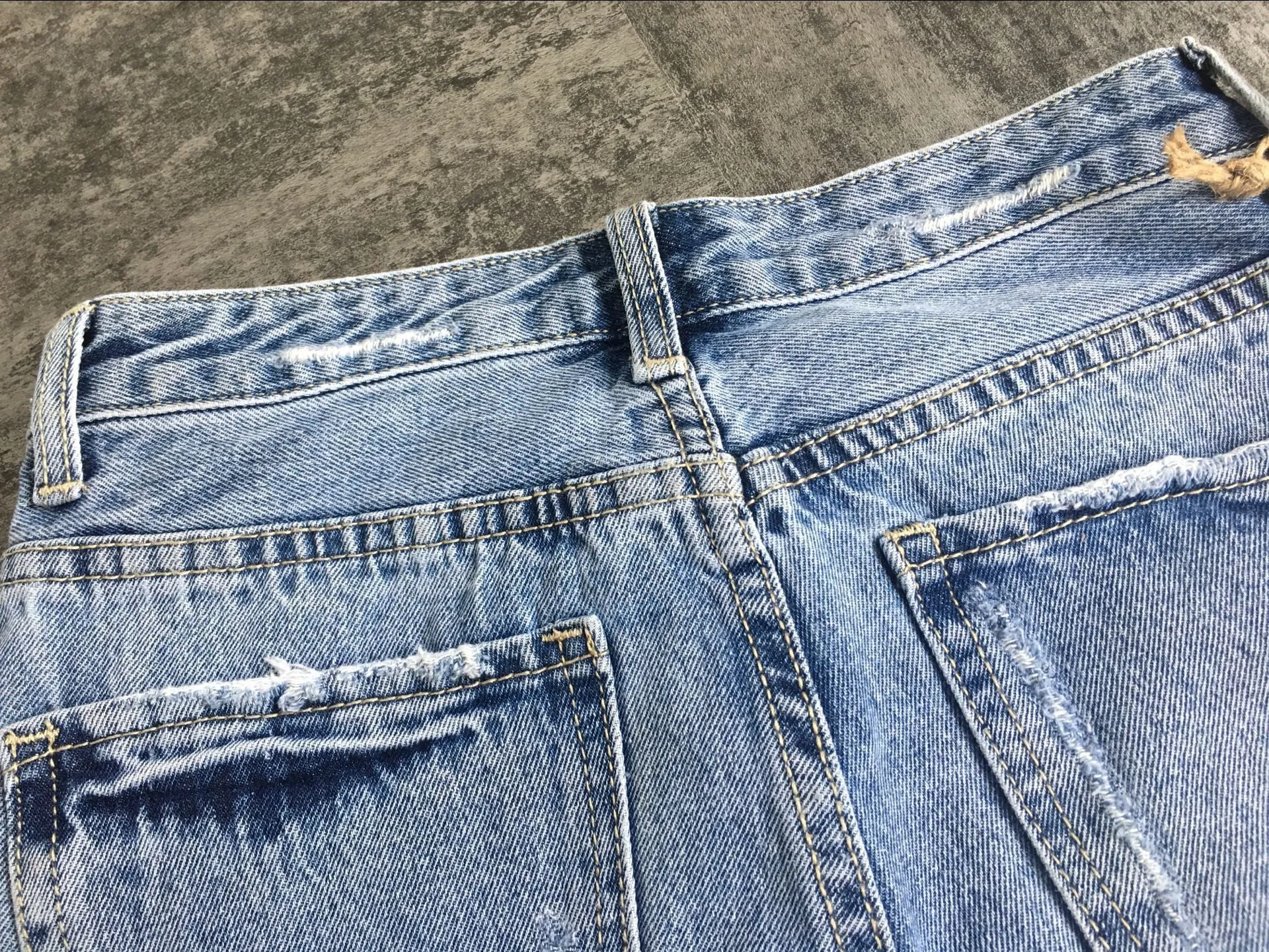 High Waist Slim Pearl Nail Irregular Tassel Hole Denim Trousers