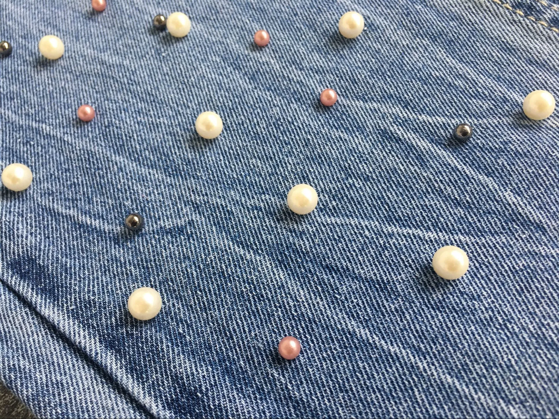 High Waist Slim Pearl Nail Irregular Tassel Hole Denim Trousers