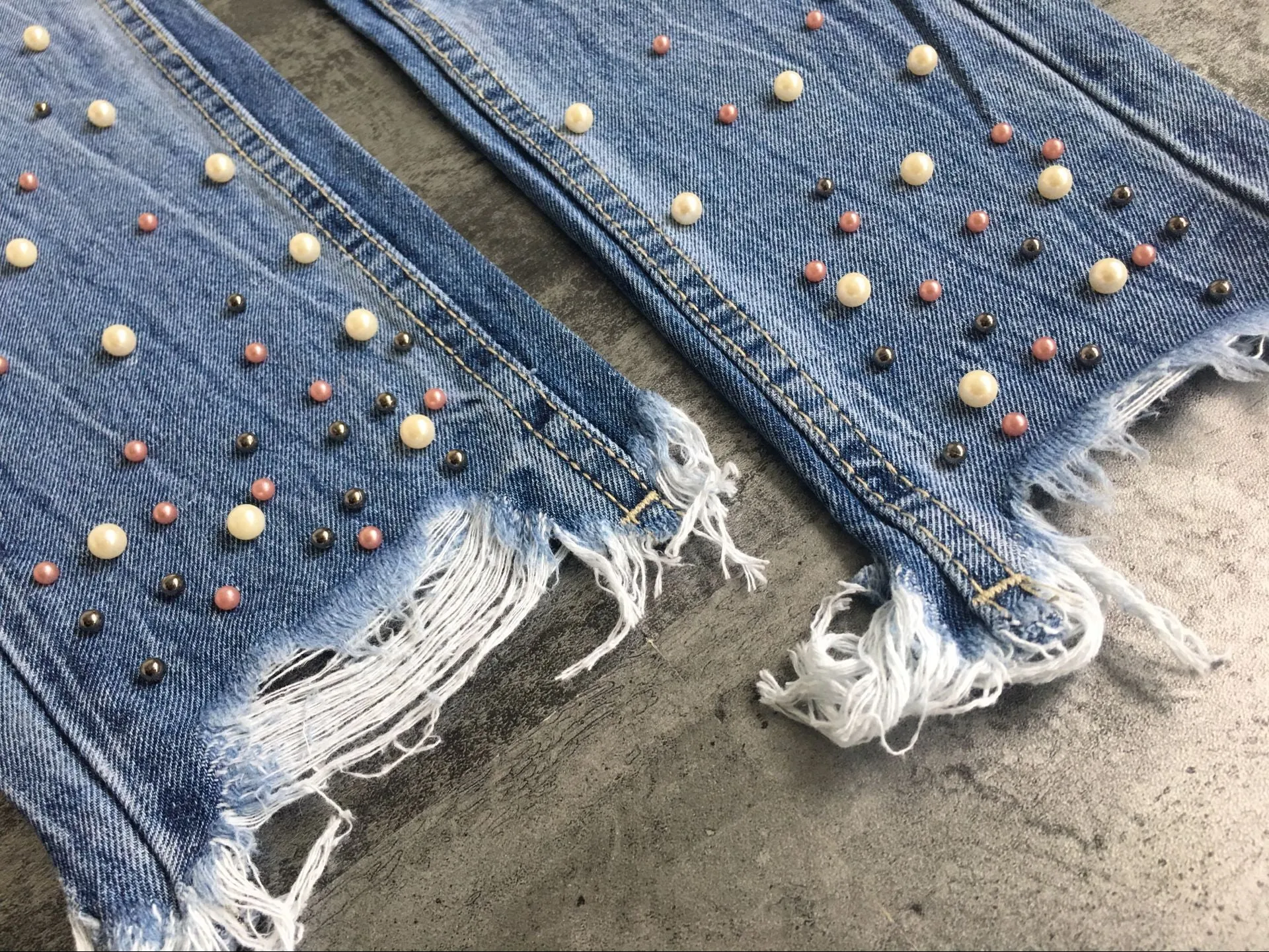 High Waist Slim Pearl Nail Irregular Tassel Hole Denim Trousers