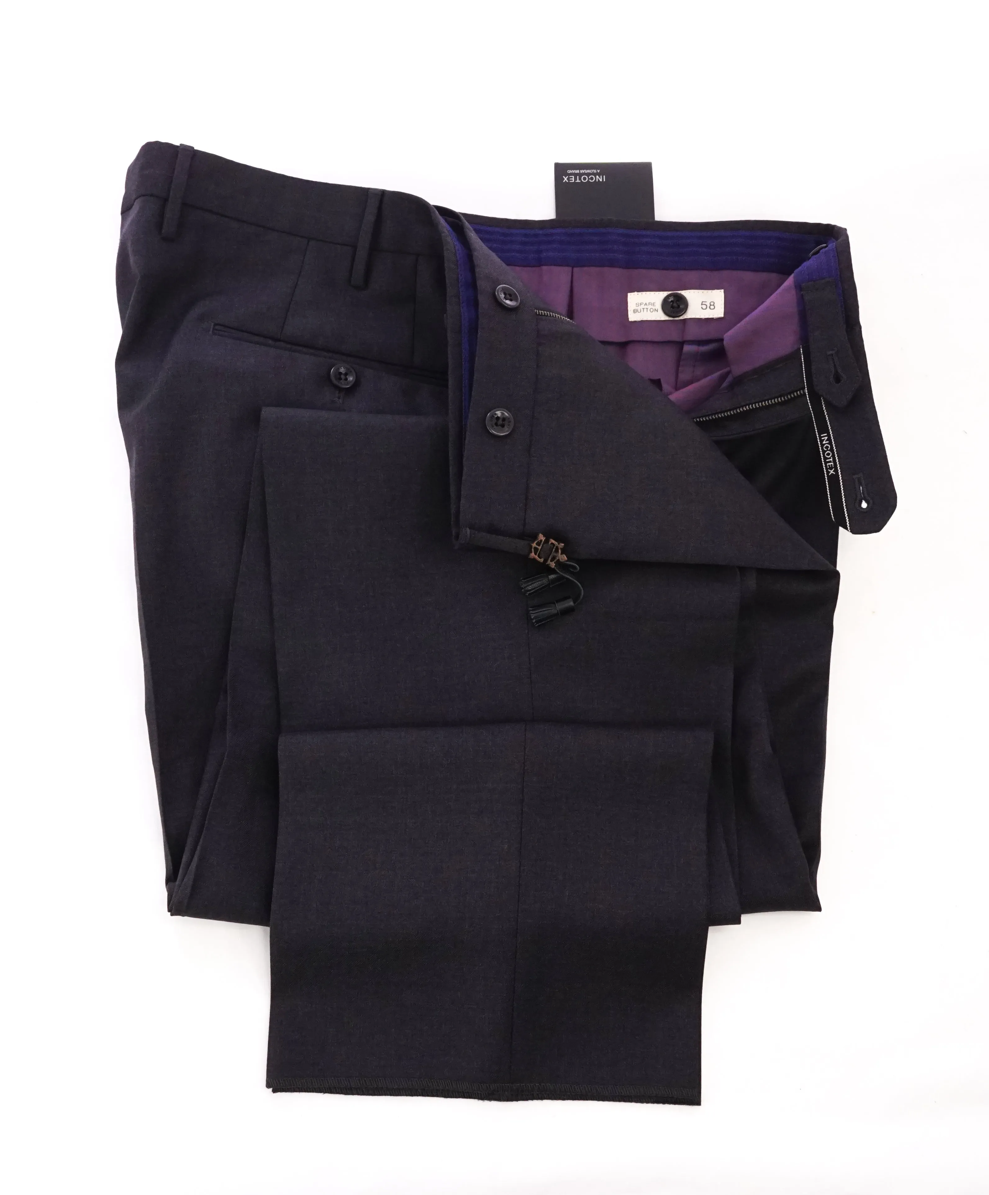 INCOTEX - Logo Tassel Charcoal Dress Pants Reg Fit Super 100’s - 40W