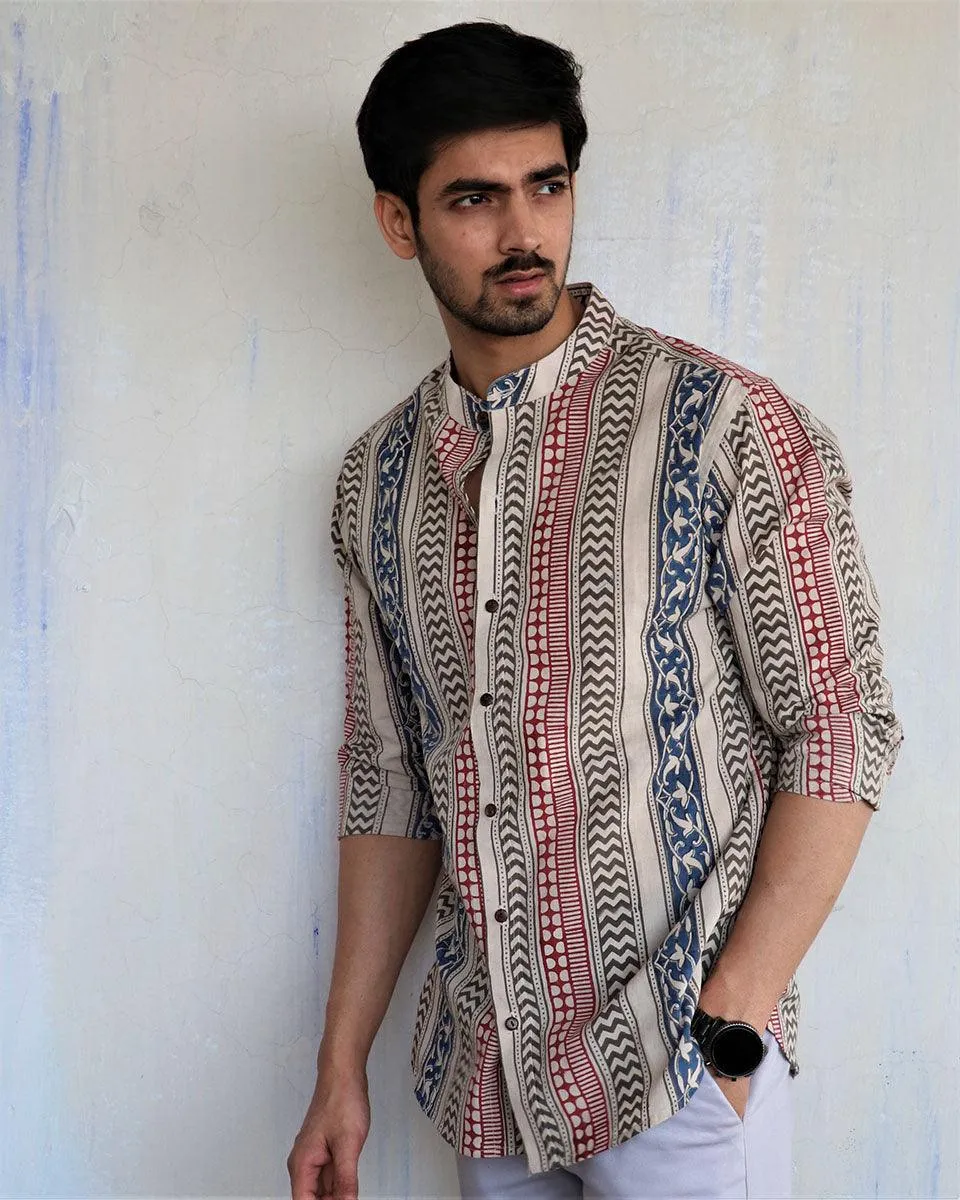 Ivory Block-Printed Men's Shirt