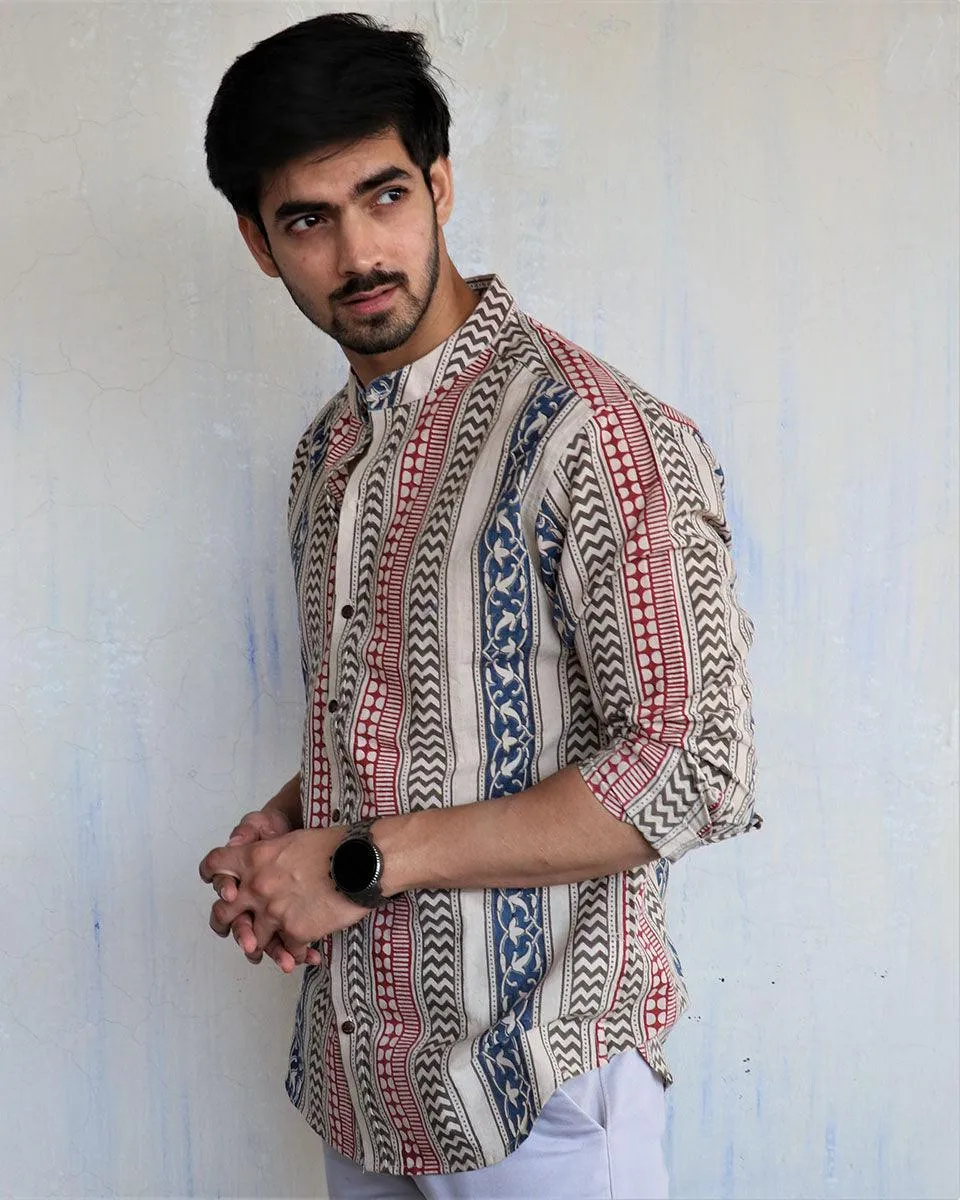 Ivory Block-Printed Men's Shirt