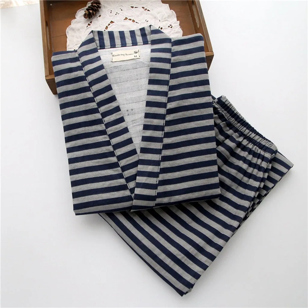 Japanese 100% Gauze Cotton Kimono Robes Men Pajamas Sets Simple Short Sleeve Trousers Bathrobes Men Plus Size