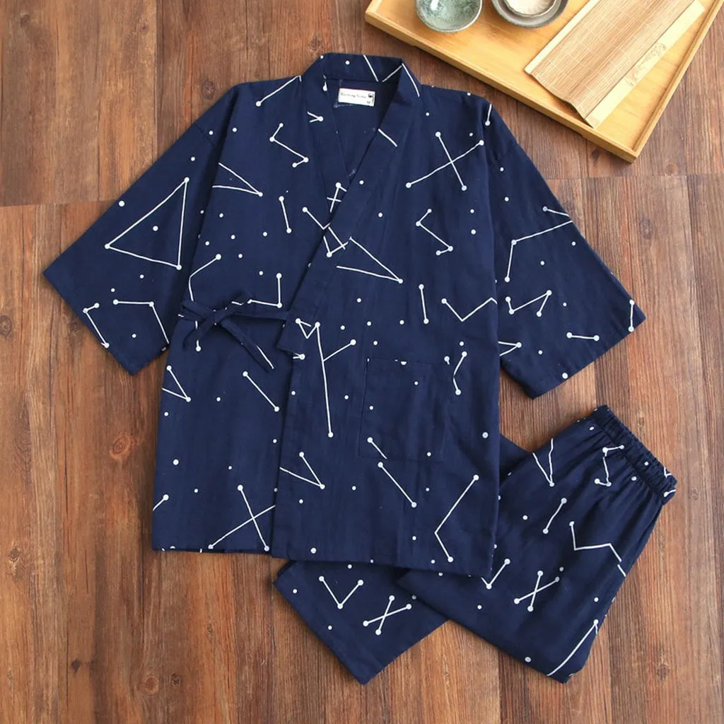 Japanese 100% Gauze Cotton Kimono Robes Men Pajamas Sets Simple Short Sleeve Trousers Bathrobes Men Plus Size