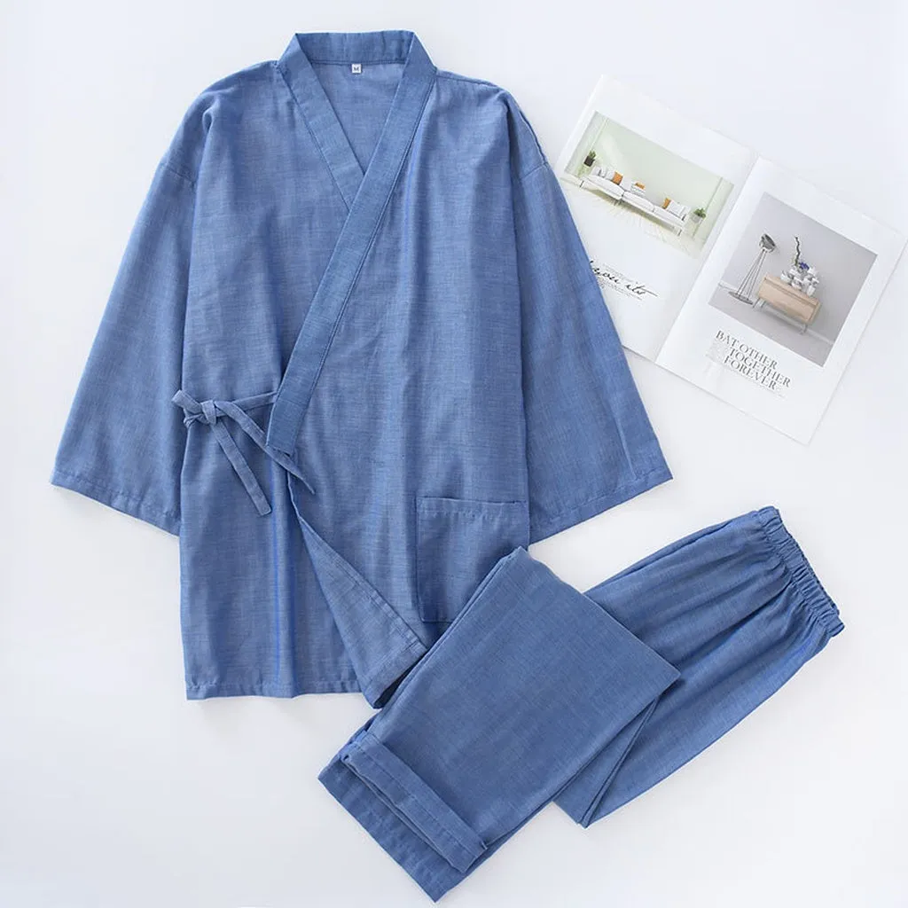Japanese 100% Gauze Cotton Kimono Robes Men Pajamas Sets Simple Short Sleeve Trousers Bathrobes Men Plus Size