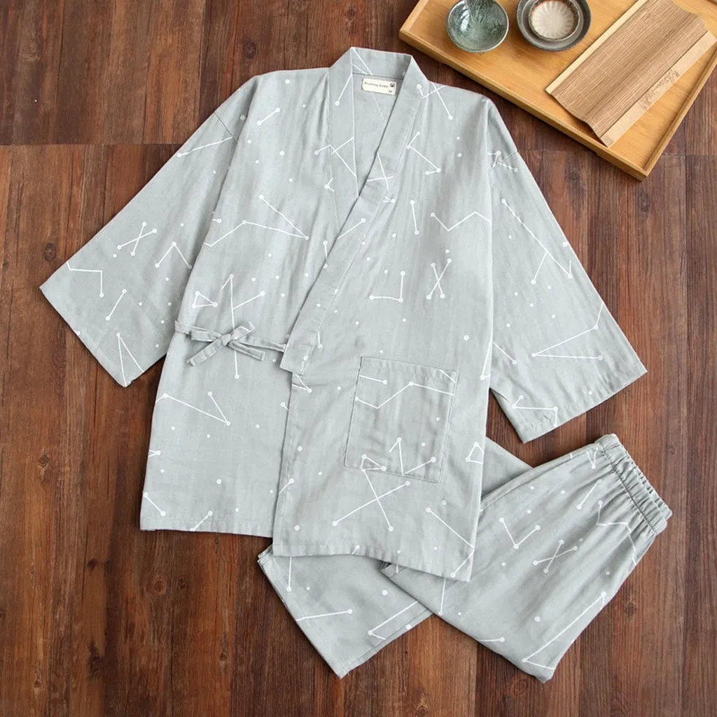 Japanese 100% Gauze Cotton Kimono Robes Men Pajamas Sets Simple Short Sleeve Trousers Bathrobes Men Plus Size