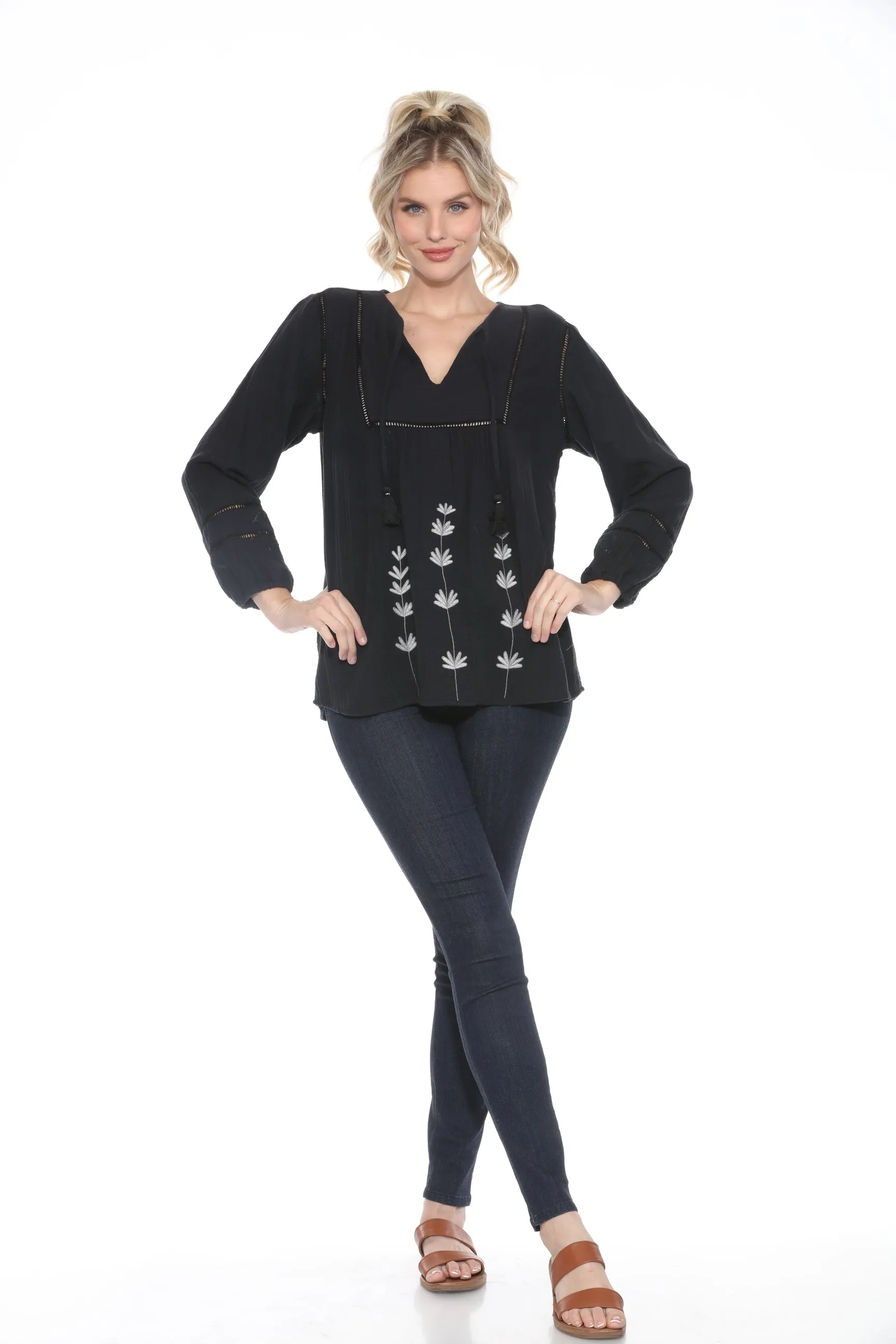 Johnny Was Calme Black Gauze Embroidered Tunic Top O21048