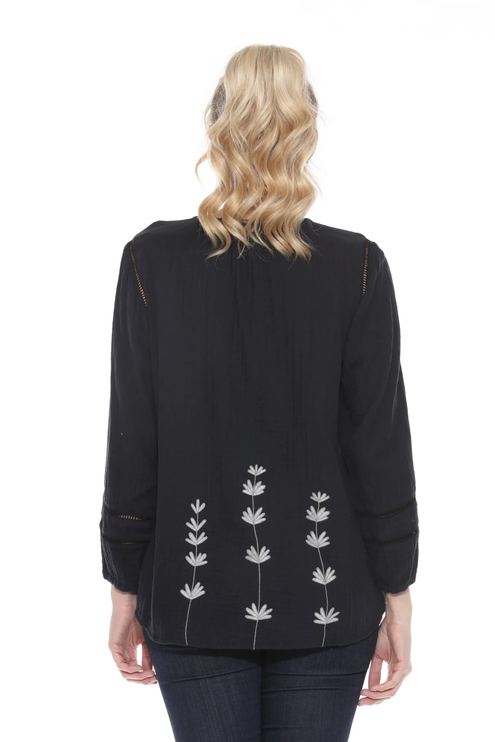 Johnny Was Calme Black Gauze Embroidered Tunic Top O21048