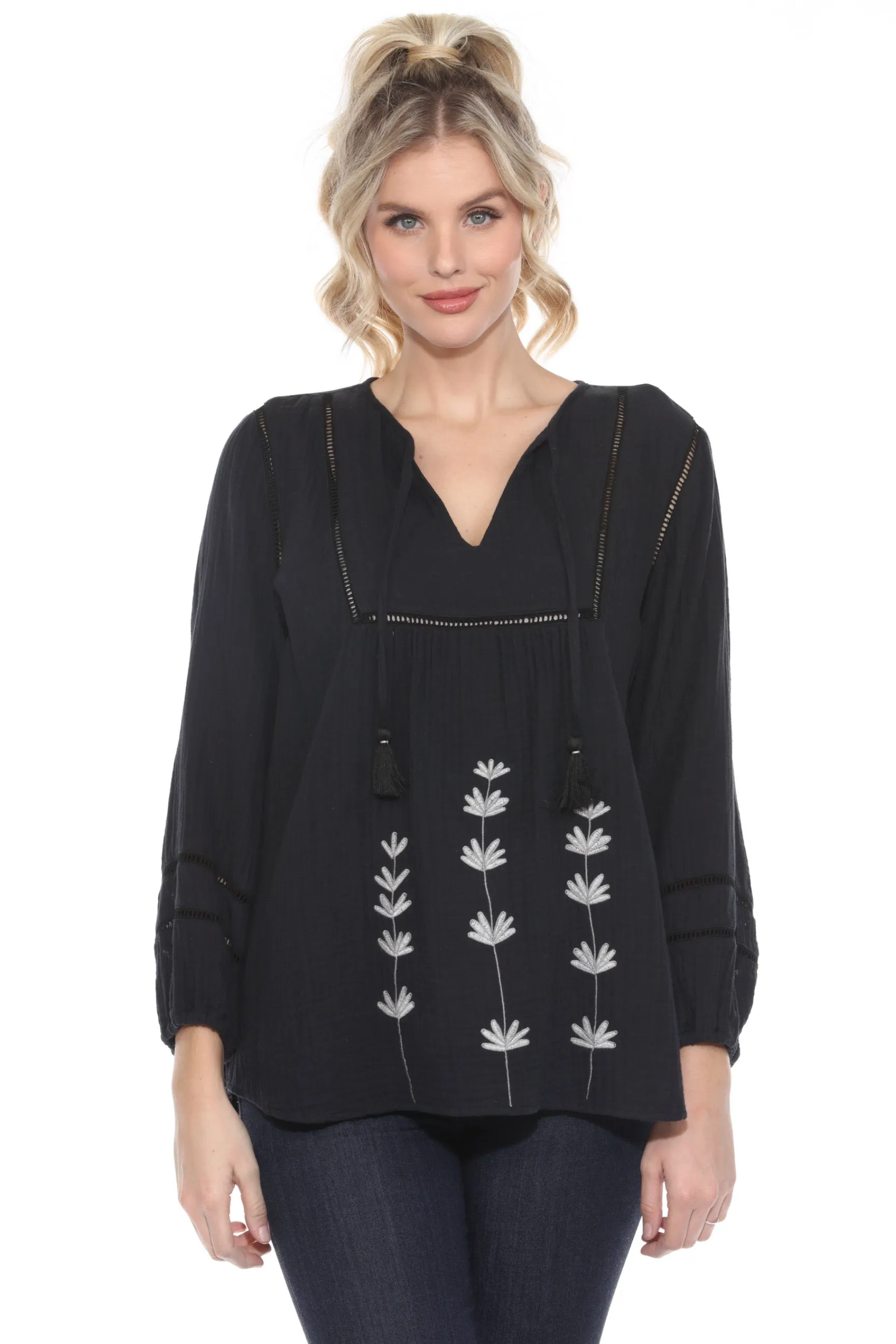 Johnny Was Calme Black Gauze Embroidered Tunic Top O21048