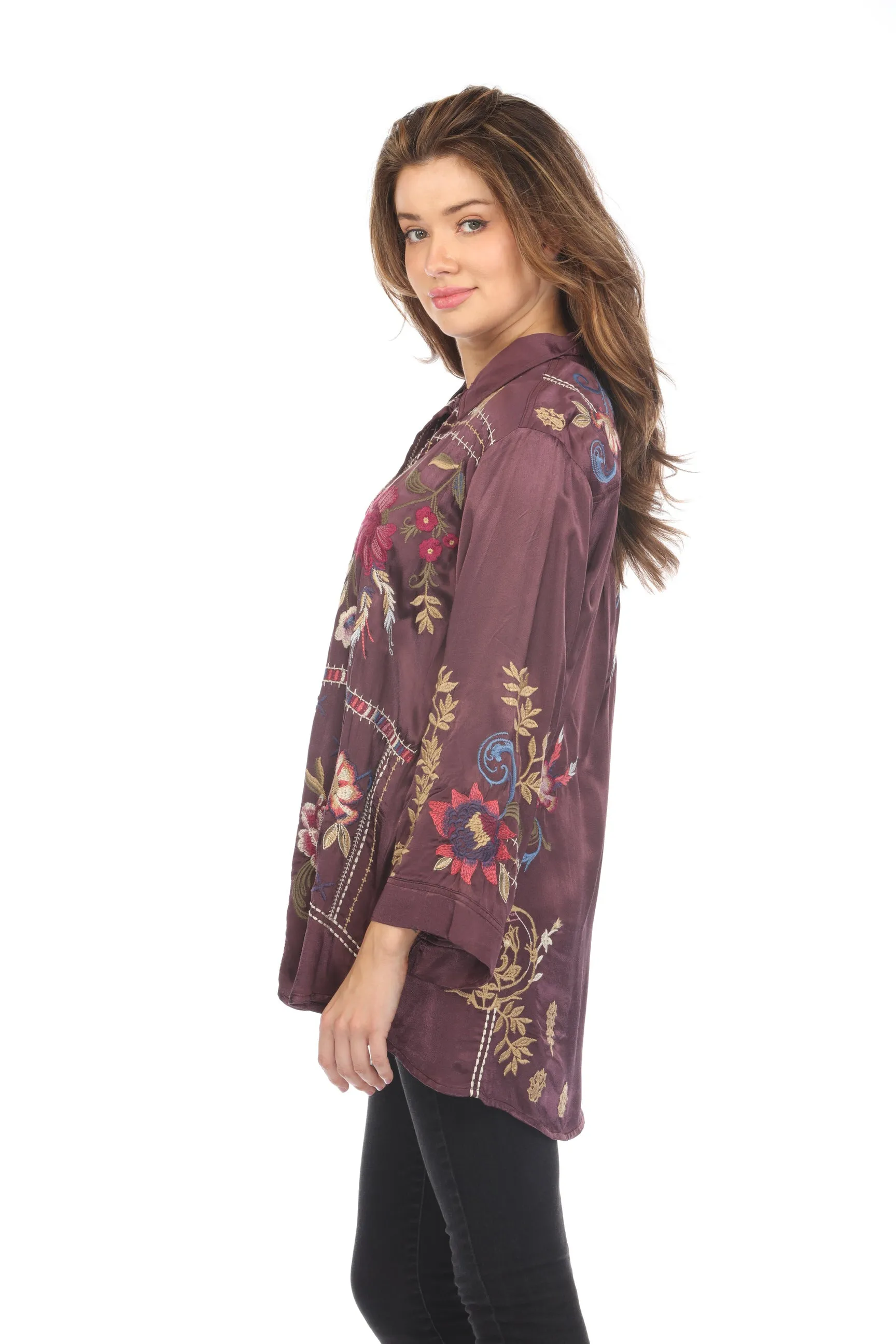 Johnny Was Workshop Kimono Sleeve Embroidered Shirt Boho Chic W14824