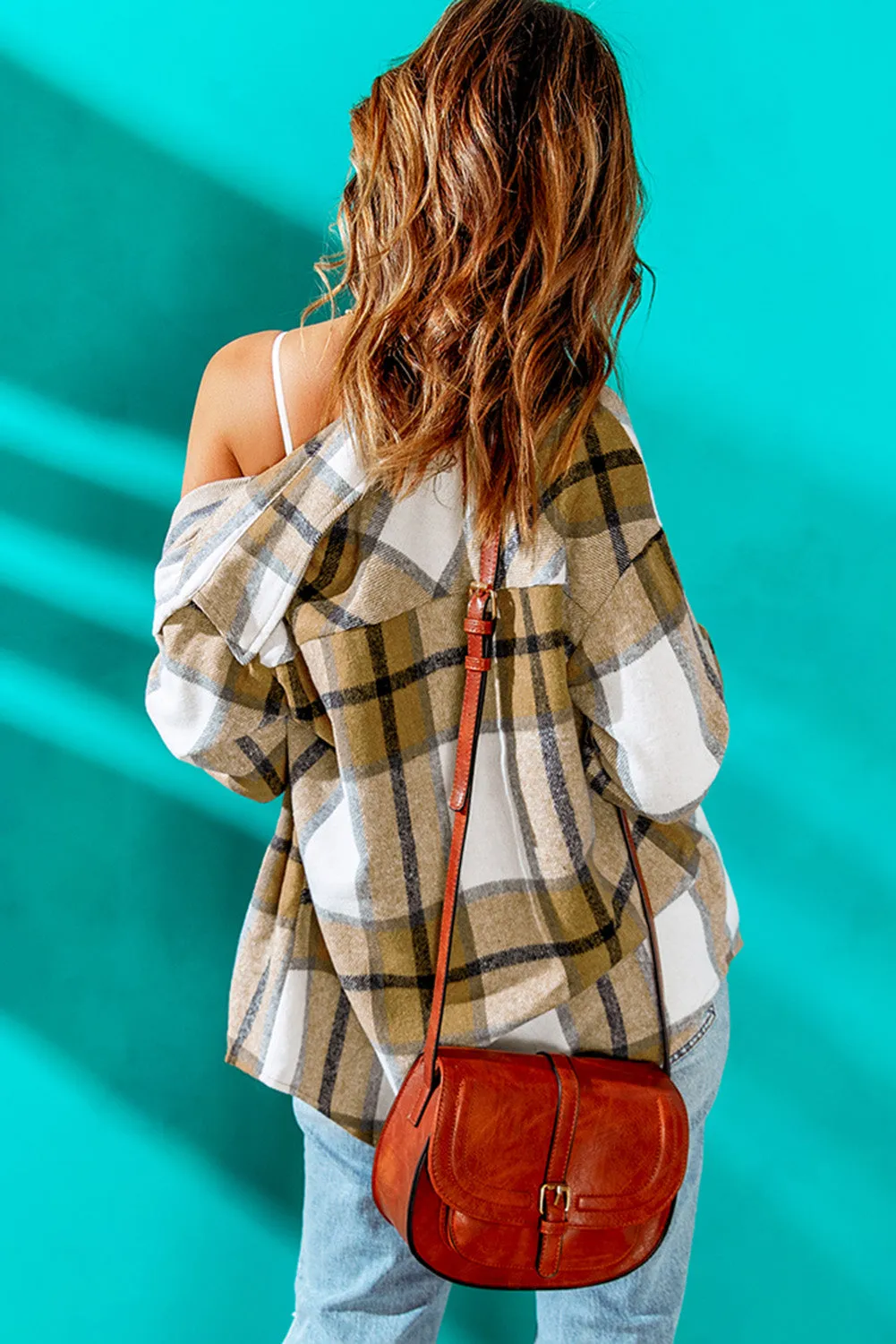 Khaki Button-up Pocket Plaid Shacket