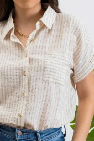 Khaki Linen Stripe Button Up Pocket Shirt