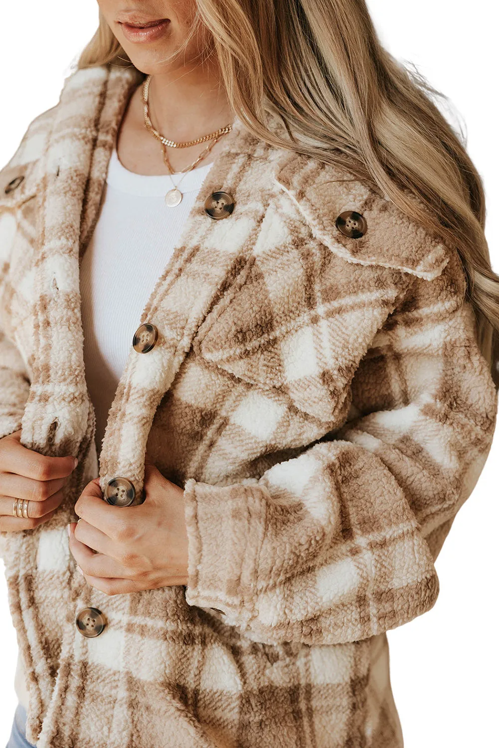 Khaki Sherpa Plaid Button Pocketed Jacket