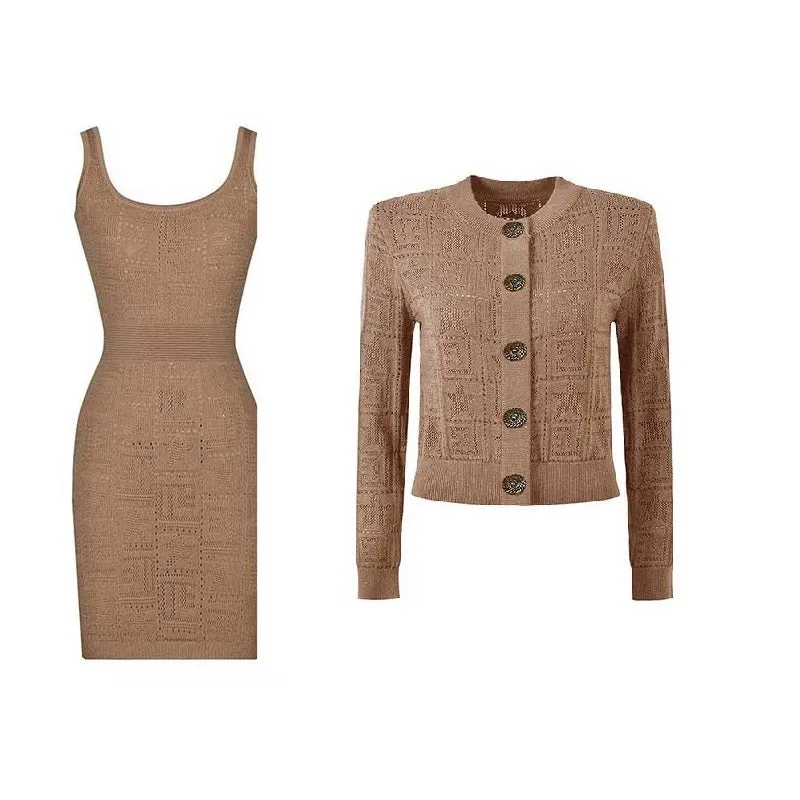 Knit Crop Top Khaki Cardigan   Midi Dress Set Two Pieces Dress Suit