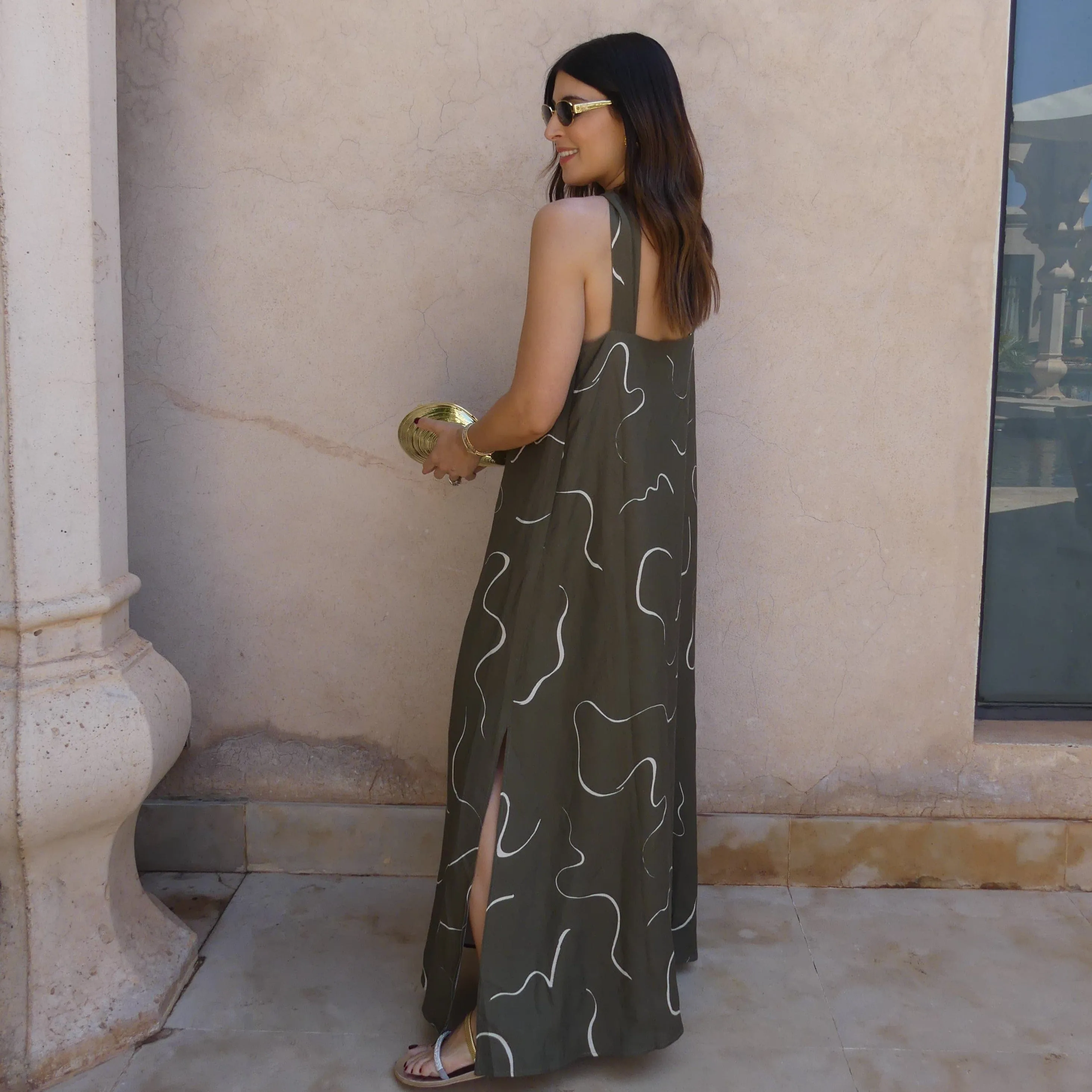 KNOT DETAIL MAXI DRESS - KHAKI MOVEMENT PRINT
