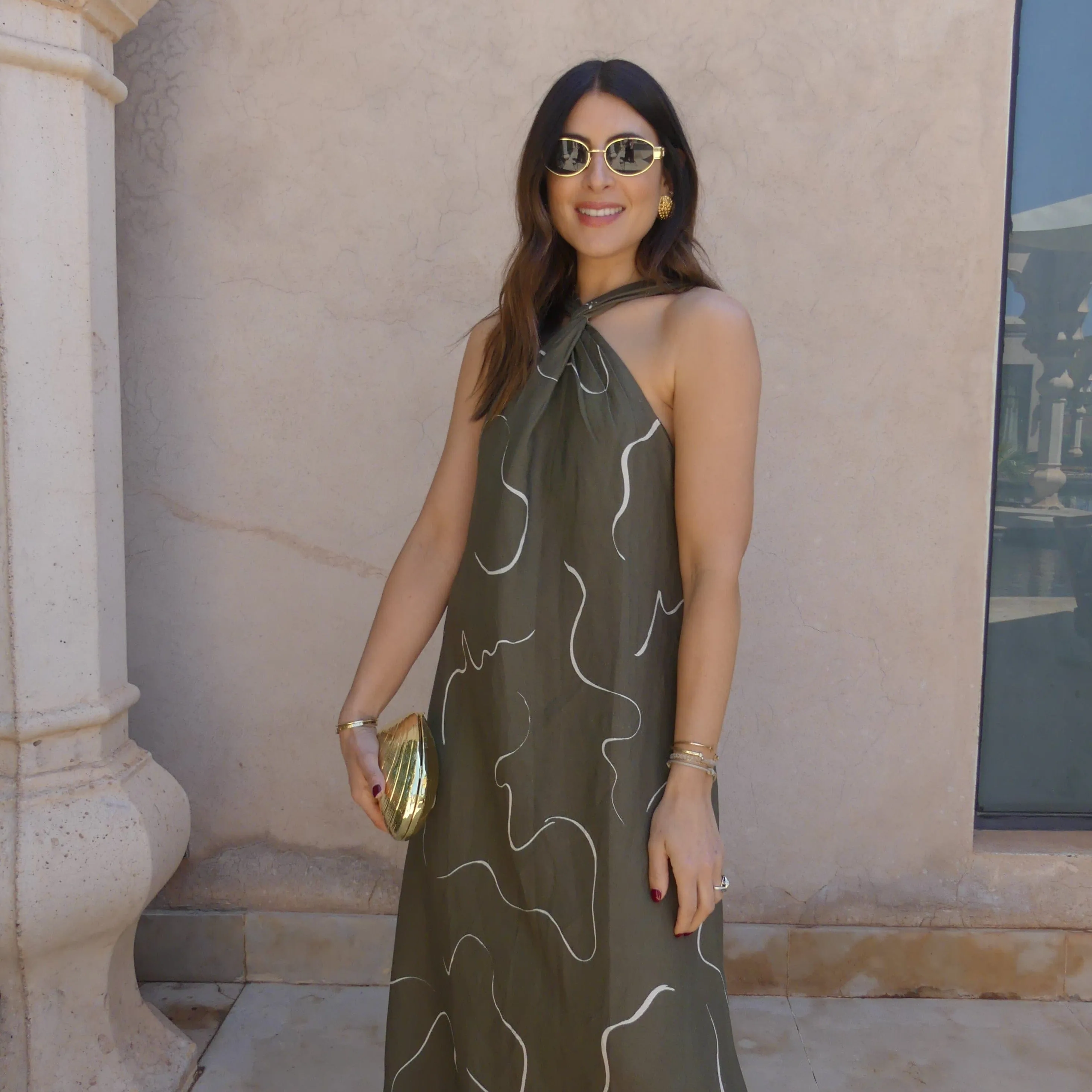 KNOT DETAIL MAXI DRESS - KHAKI MOVEMENT PRINT