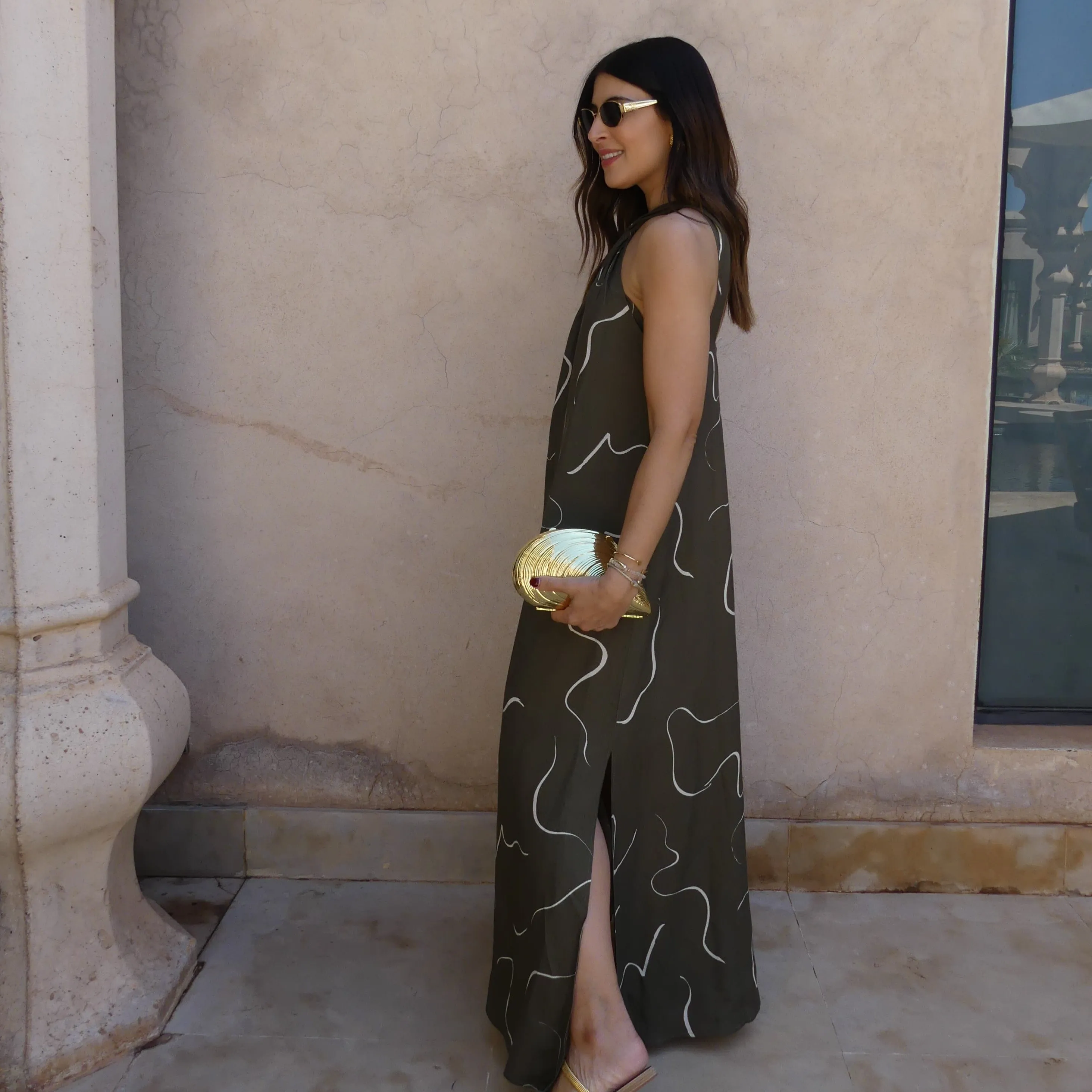 KNOT DETAIL MAXI DRESS - KHAKI MOVEMENT PRINT