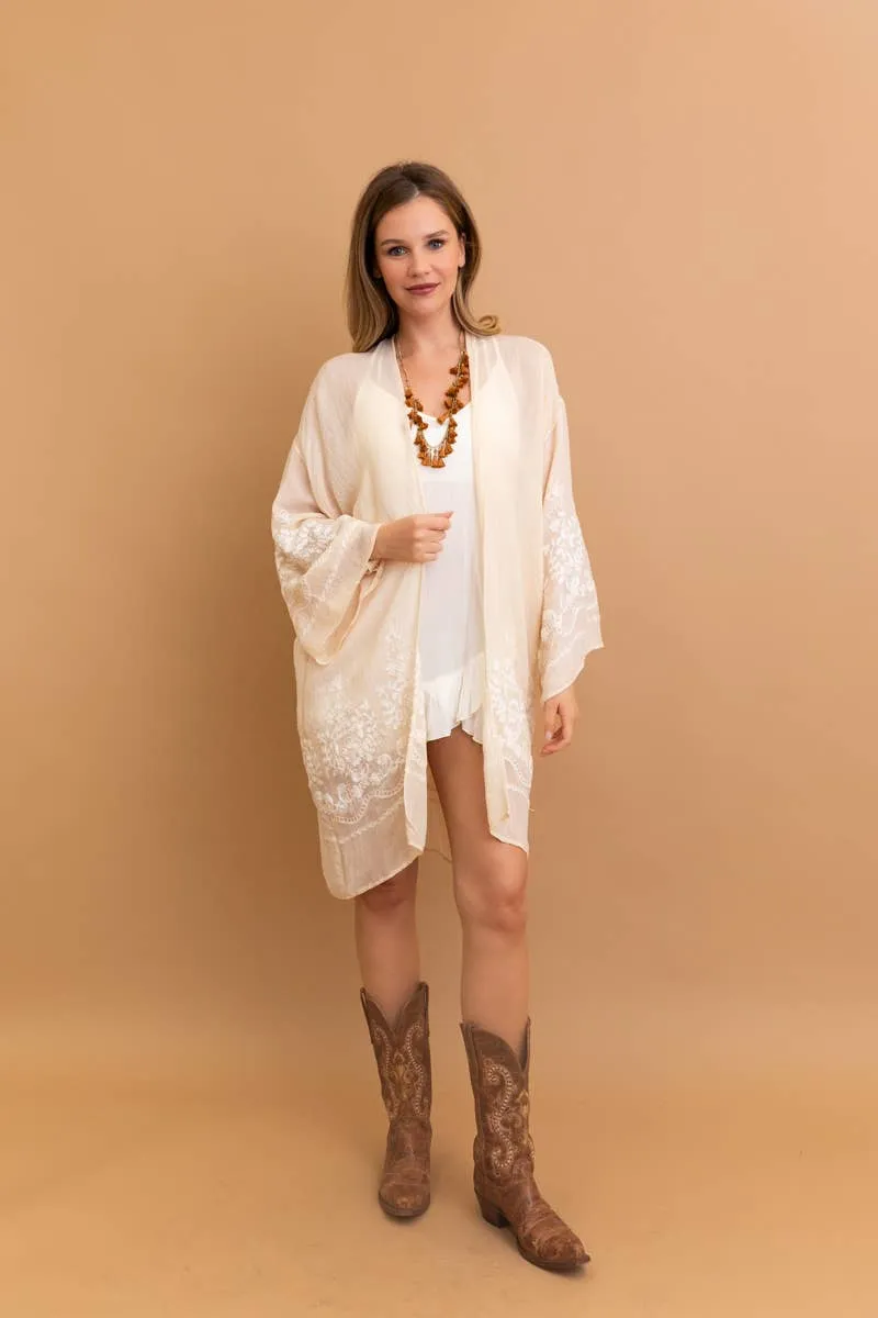Leto Accessories Embroidered Floral Vine Lightweight Kimono