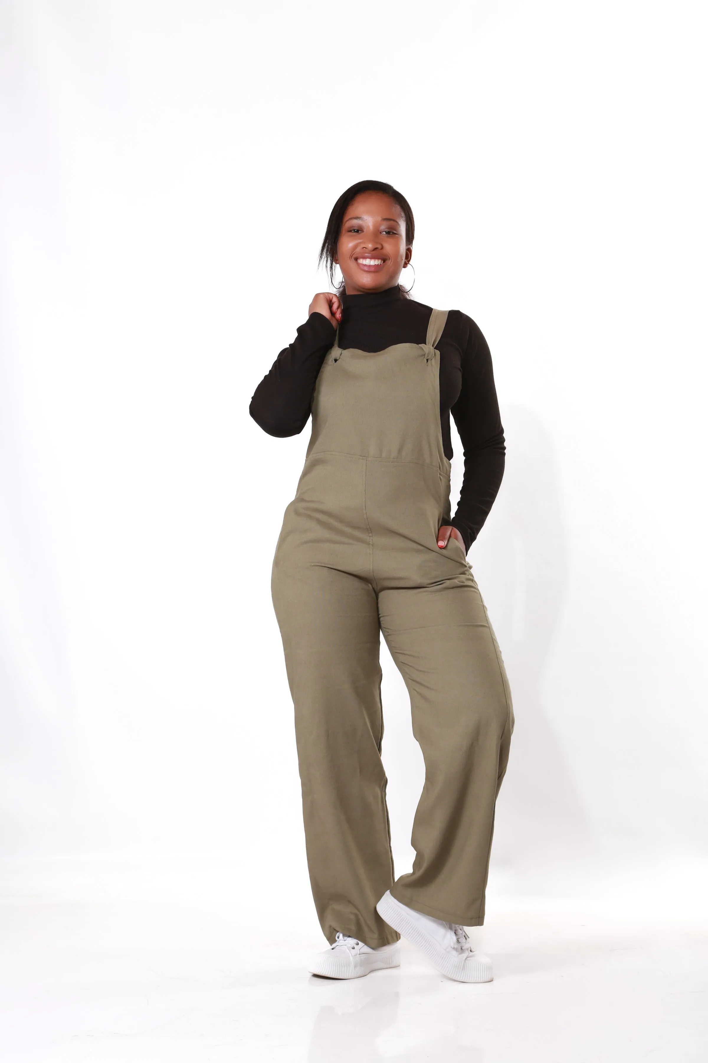 Linen Dungaree with Pockets- Khaki