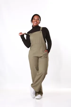 Linen Dungaree with Pockets- Khaki