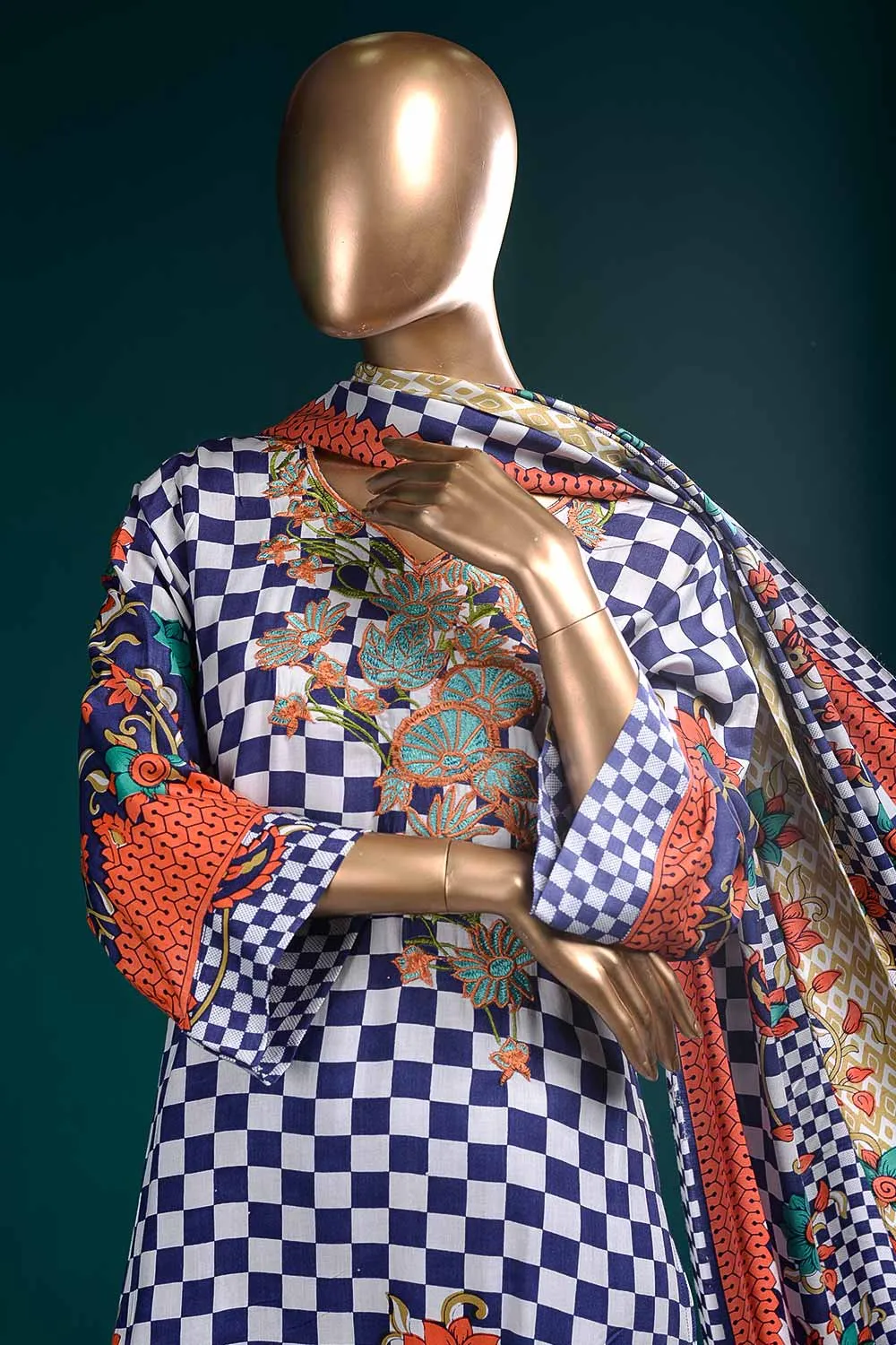 LL-4B - Chequered Mix  |  Unstitched Printed & Embroidered Linen Dress