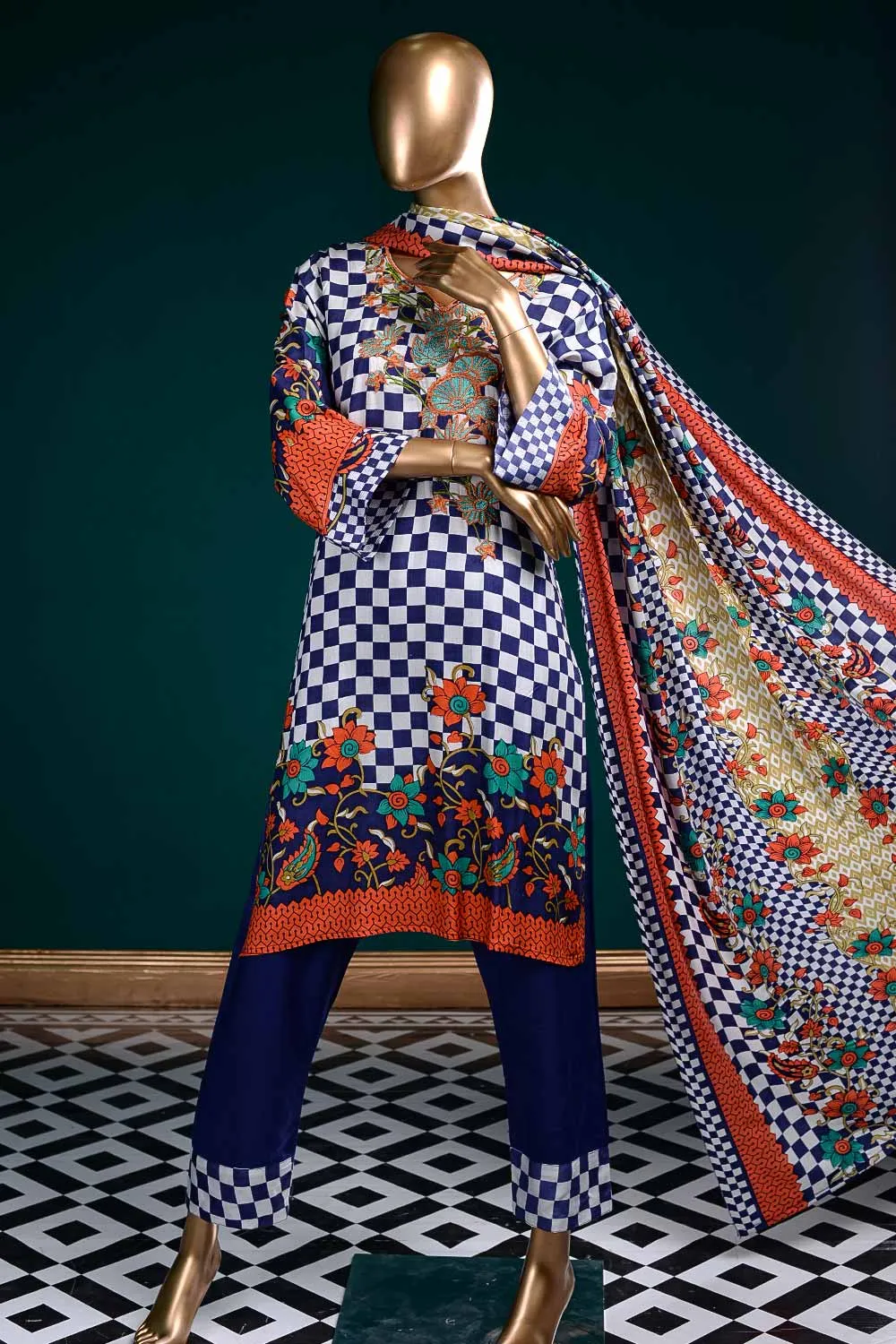 LL-4B - Chequered Mix  |  Unstitched Printed & Embroidered Linen Dress