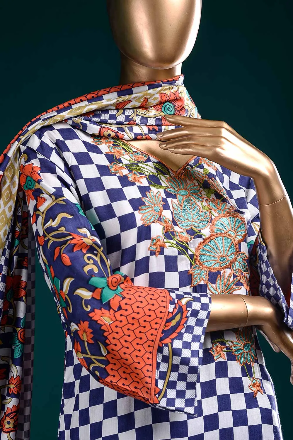 LL-4B - Chequered Mix  |  Unstitched Printed & Embroidered Linen Dress