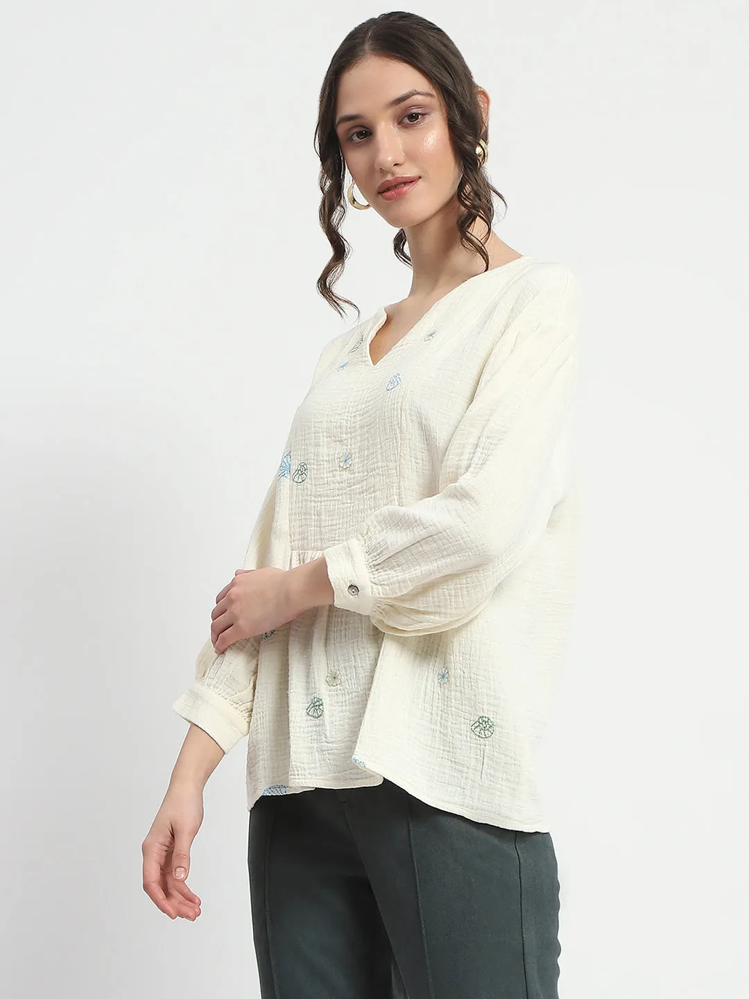 Madame Embroidered Boho Cotton Beige Top