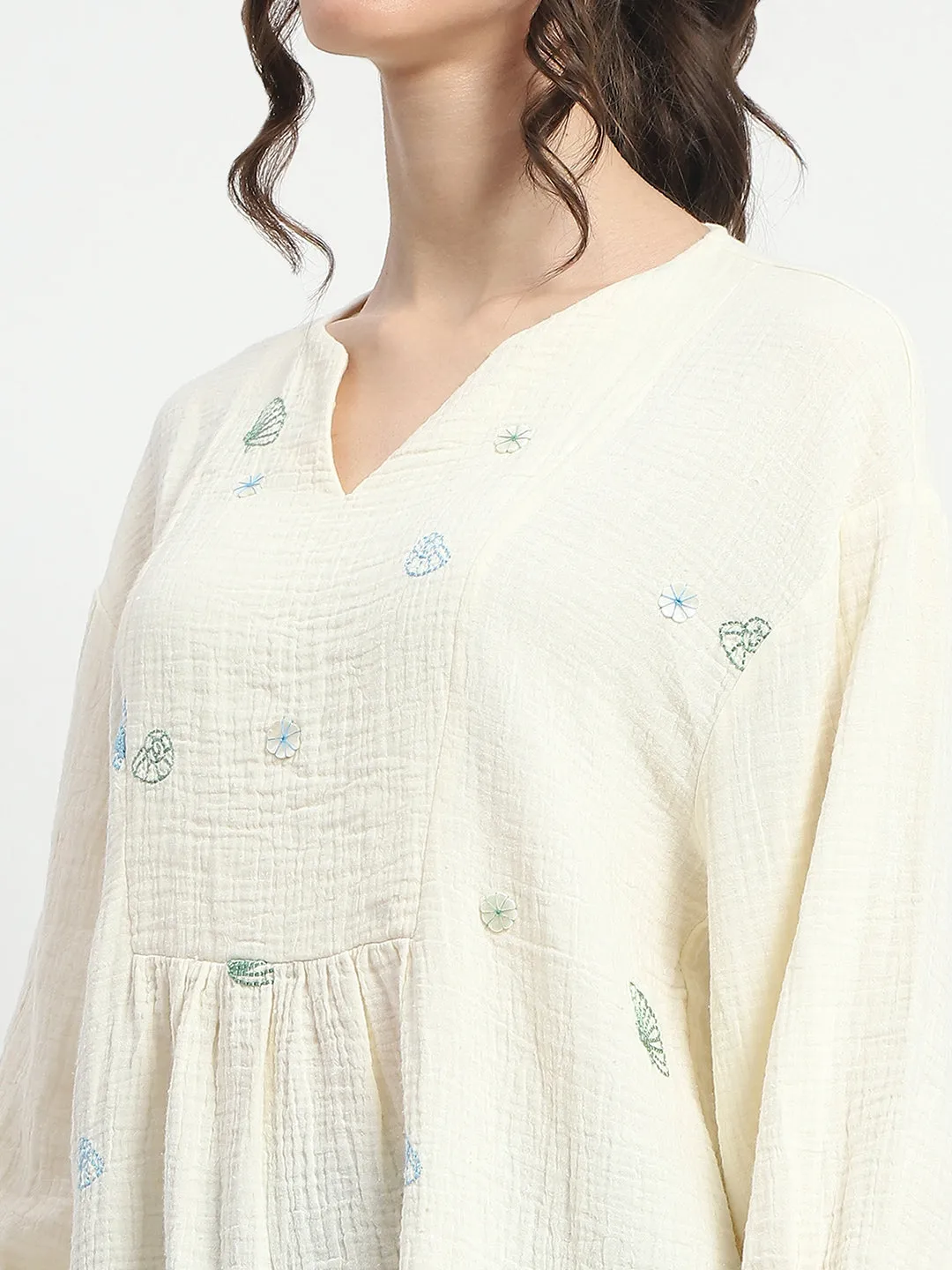 Madame Embroidered Boho Cotton Beige Top
