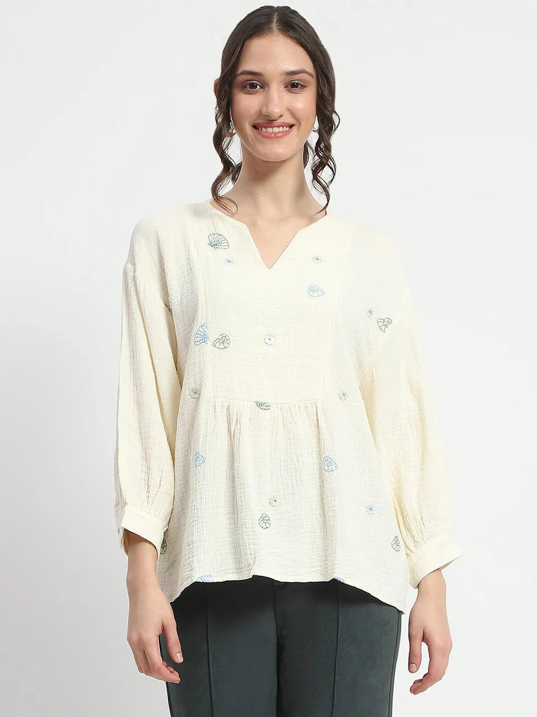 Madame Embroidered Boho Cotton Beige Top
