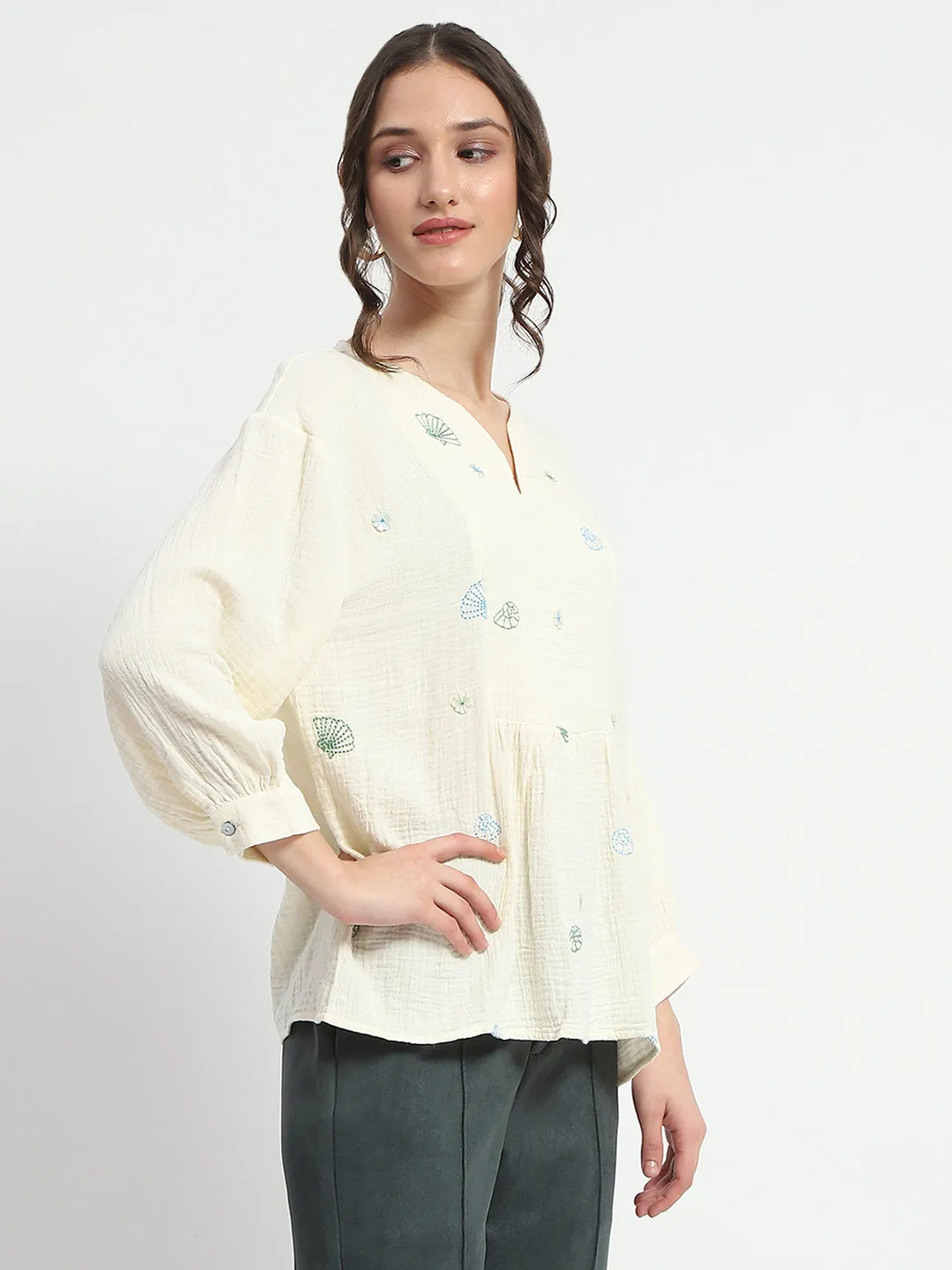 Madame Embroidered Boho Cotton Beige Top
