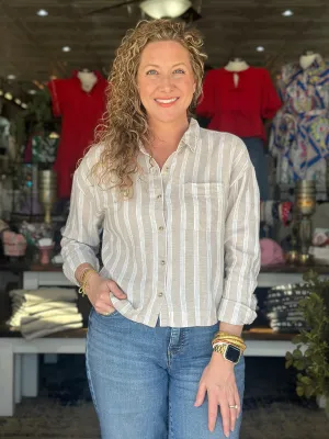 Madelyn Shirt - Khaki   Cream Stripe
