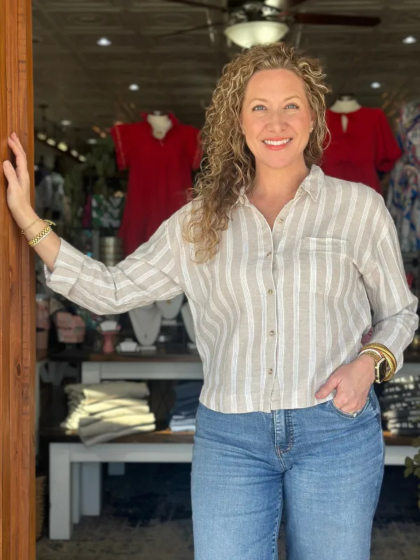 Madelyn Shirt - Khaki   Cream Stripe