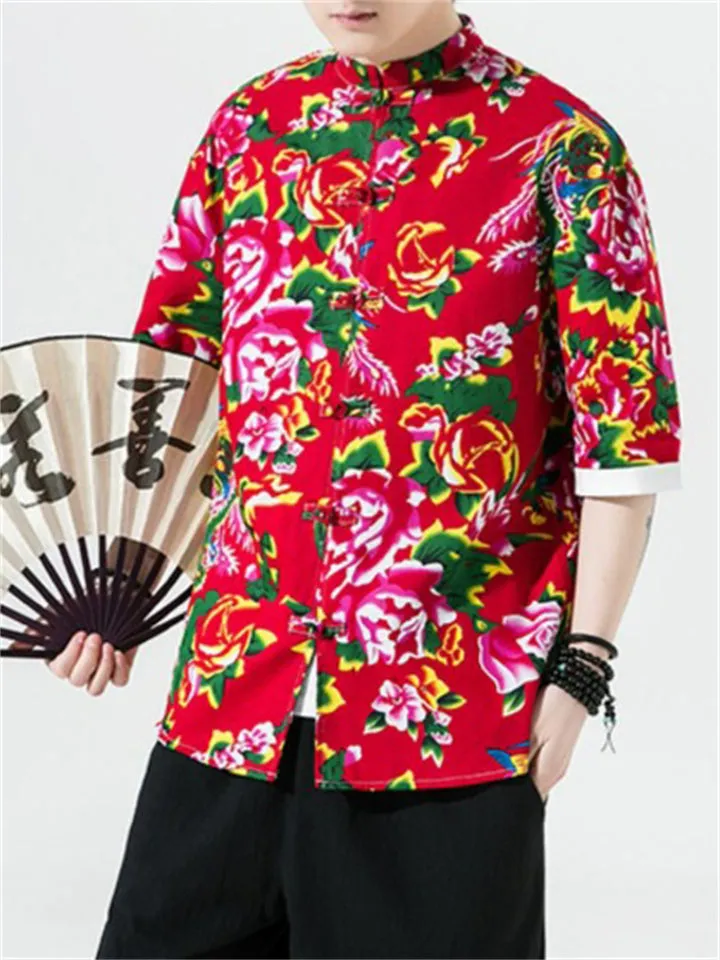 Male Flower Peacock Printed Short Sleeve Shirt