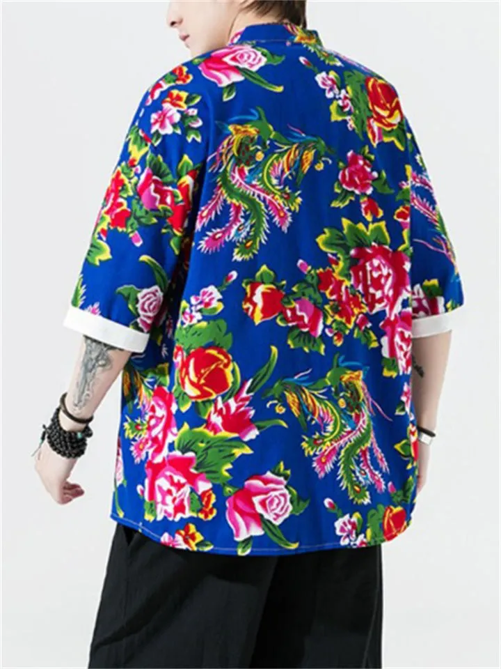 Male Flower Peacock Printed Short Sleeve Shirt